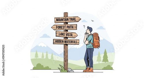 Man with Backpack at Signpost.