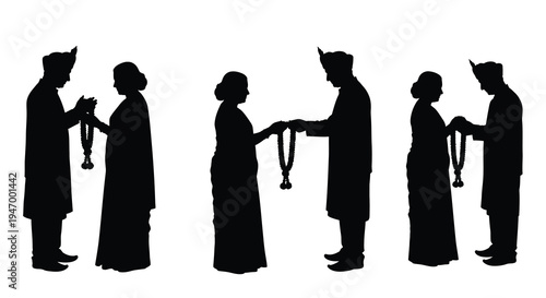 Indian wedding ceremony with three couples depicted in black silhouette