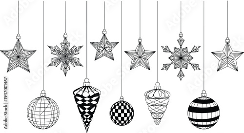 Christmas hanging ornaments collection with stars, snowflakes and decorative balls, festive holiday decoration vector illustration set isolated on white background