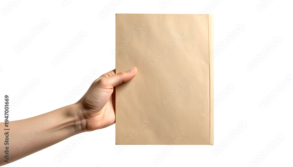 Fototapeta premium A right hand holds a closed book with a plain gold cover against a black background