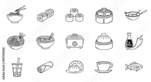 Asian Cuisine Line Icons Set, Sushi Ramen Dim Sum Noodles Food Outline Vector