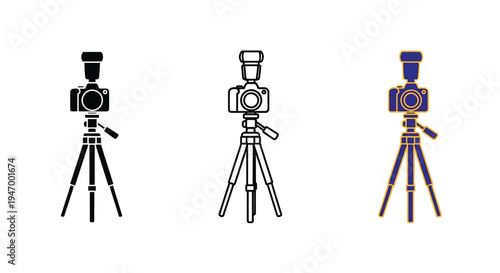 Three camera icons on tripods in varying styles a silhouette