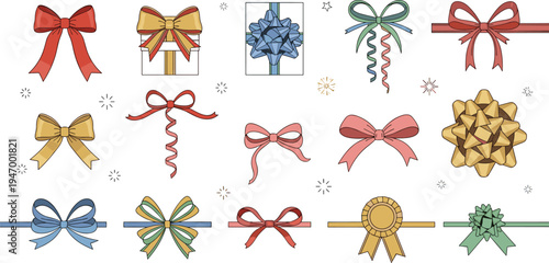Decorative gift ribbon bows collection with festive wrapping elements, colorful present bow knots and ribbon decorations isolated on white background
