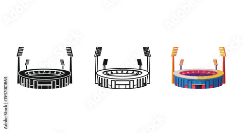 Stadium illustrations in varied styles including a striking black silhouette