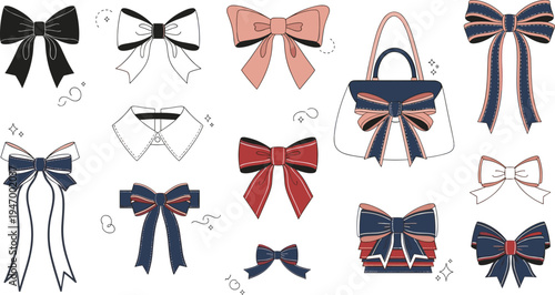 Elegant ribbon bow collection with fashion accessories gift wrapping bows and decorative knots isolated on white background