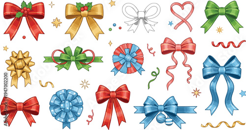 Festive ribbon bows collection with colorful gift wrapping decorations, holiday present bow knots and decorative ribbons isolated on white background