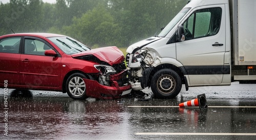 Car crash involving a red sedan and a white delivery van on a rainy road. Traffic accident with damaged vehicle frontal collision. Insurance claim concept and road safety hazard.
