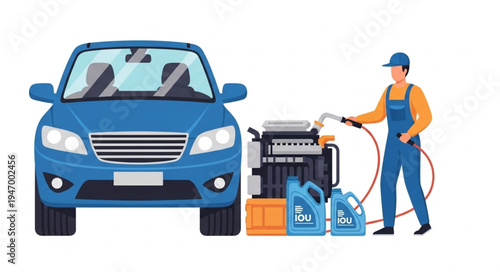 Man washing blue car.