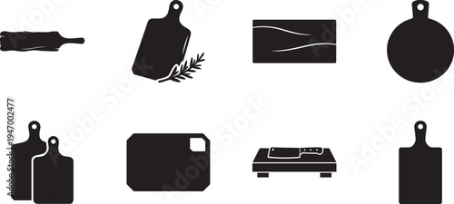 Wooden cutting board icon set in outline and silhouette style for kitchen tools graphics.