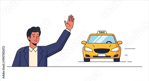 Man Waving at Yellow Taxi.