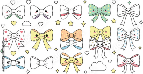 Festive ribbon bows collection with colorful gift wrapping decorations, holiday present bow knots and decorative ribbons isolated on white background