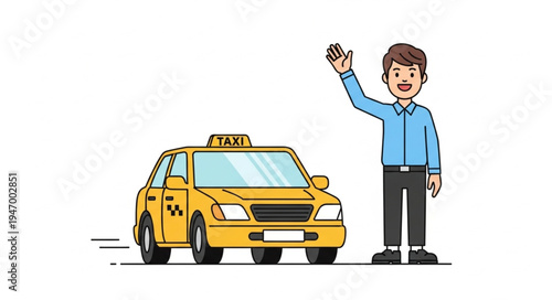Man Waving at Yellow Taxi.