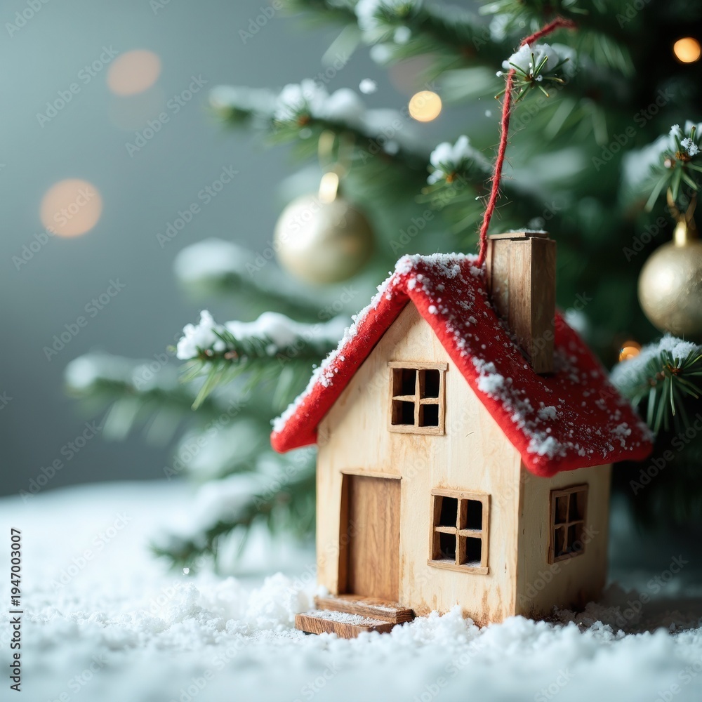 Naklejka premium Charming Wooden House Ornament Surrounded by Snow and Christmas Tree Decorations