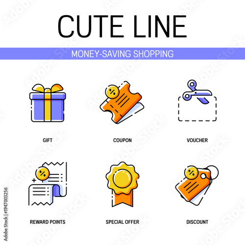 Money-saving shopping related icon set for sale, discount, special offer, reward points, retail customer loyalty program concepts. Flat filled outline style. Pixel perfect. Editable stroke
