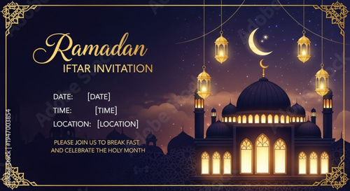 Ramadan iftar invitation card with mosque at night and lanterns