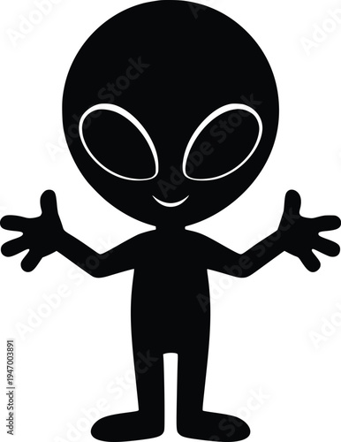 Friendly alien character with arms outstretched in a welcoming pose
