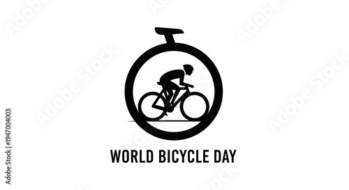 World bicycle day logo featuring cyclist inside a clock circle
