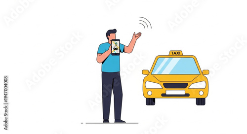 Man with phone and taxi.