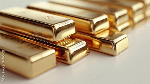 Shiny gold bars stacked together, symbolizing wealth, luxury, and investment in precious metals.