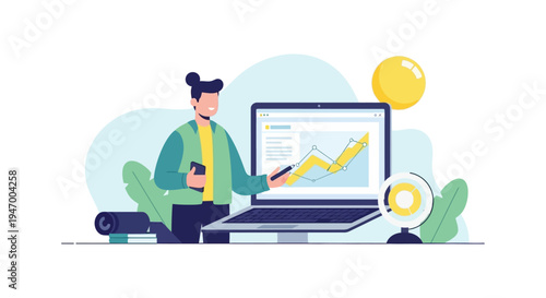 Digital Business Analytics and Growth Presentation. Young Professional Explaining Data Trends on Laptop for Success Strategy