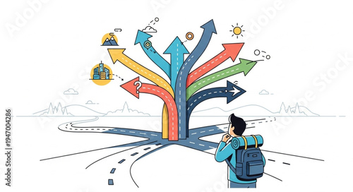 Man with backpack looking at arrows.