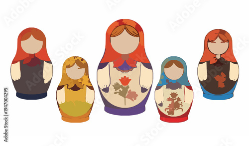Russian Matryoshka Dolls Set Colorful Folk Art Vector Illustration