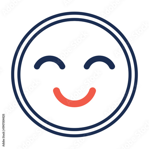 Smiling face icon with closed eyes and red lips minimalist design blue circular outline happiness and positivity concept isolated on white background flat style illustration cheerful expression