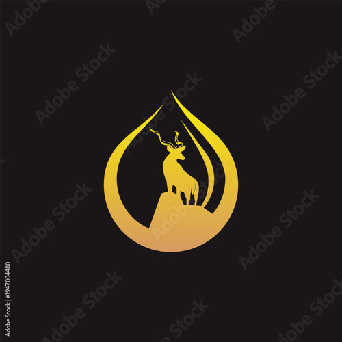Golden Deer Silhouette in a Water Drop Shape Logo Design.