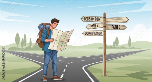 Man with backpack looking map.