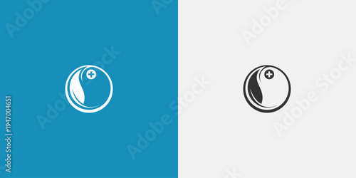 Minimalist design of a circle with a leaflike shape and a small dot.