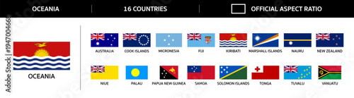 Flags of countries of Oceania continent. Set of all national flags of Oceanian 16 states in official aspect ratio