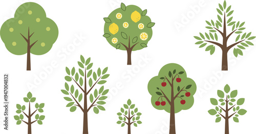 Simple flat fruit and forest trees collection with lemon apple green foliage nature garden cartoon vector illustration set