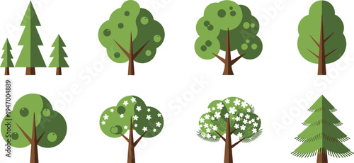 Set of simple flat cartoon trees including pine, apple and flowering trees nature forest vector illustration collection