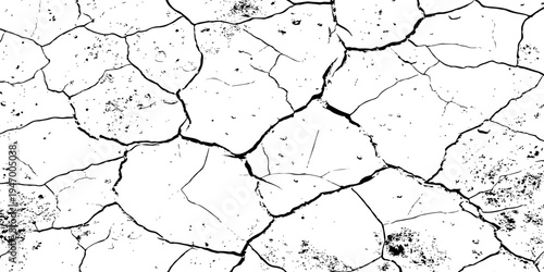 Cracked, parched earth texture in black and white with bold fissures and dry, fragmented patterns—ideal for desert, drought, or climate crisis visuals in design, illustration, or concept art.	