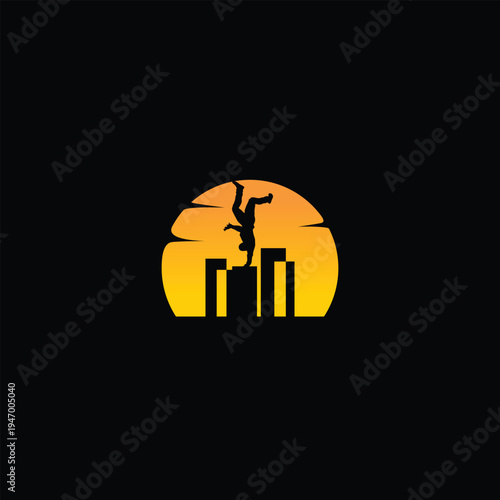 Silhouette of a person falling from a building against the sunset.