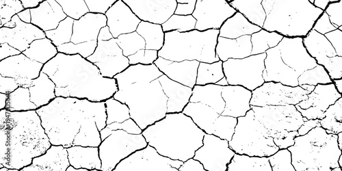 Cracked, parched earth texture in black and white with bold fissures and dry, fragmented patterns—ideal for desert, drought, or climate crisis visuals in design, illustration, or concept art.	