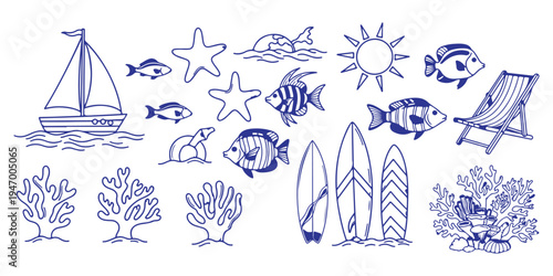 Blue line art set of marine and beach icons with sailboat, surfboards, fish, coral and deck chair