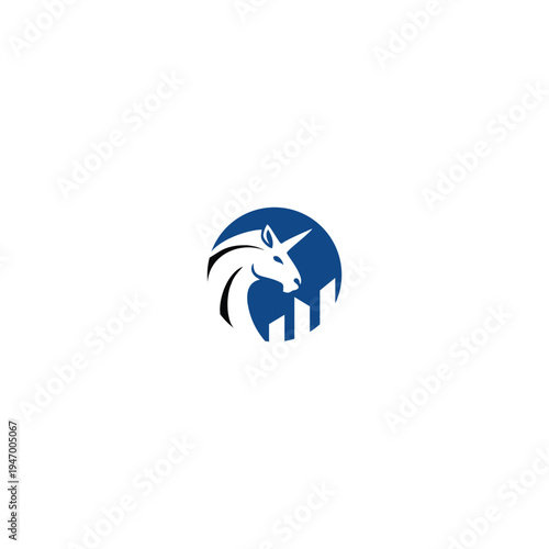 Unicorn Logo in Blue Circle with Building Silhouette.