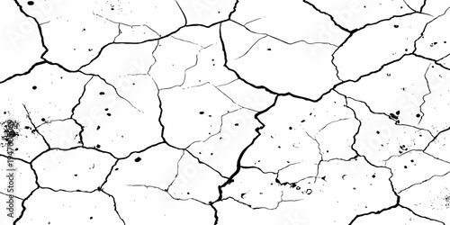 Cracked, parched earth texture in black and white with bold fissures and dry, fragmented patterns—ideal for desert, drought, or climate crisis visuals in design, illustration, or concept art.	