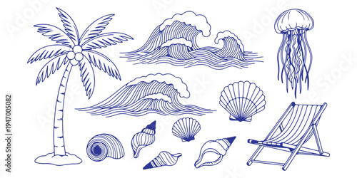 Collection of hand drawn blue outline summer beach icons with jellyfish, sea shells, palm tree and ocean waves
