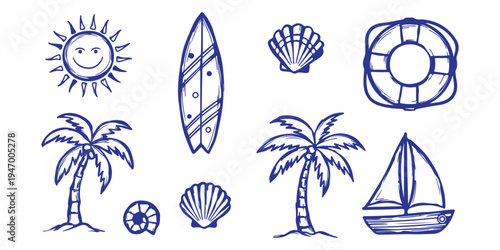 Blue hand drawn nautical icons set with sailboat, surfboard, lifebuoy, smiling sun and palm trees