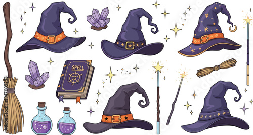 Wizard magic elements collection with witch hats, spell book, potions, broomstick and crystal fantasy cartoon vector illustration set