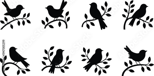 Bird silhouette icons set on tree branches, nature wildlife illustration collection, flying birds vector design