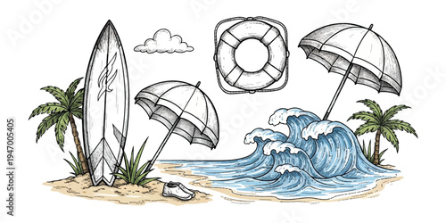Colorful hand drawn beach vacation illustration with surfboard, palm trees, lifebuoy, and umbrella by the ocean waves and sea shore