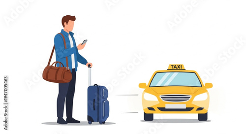 Man with luggage and taxi.