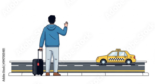 Man with luggage hails taxi.