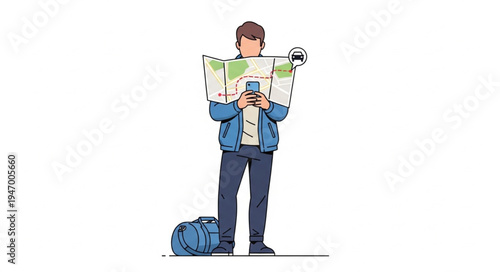 Man with map and luggage.