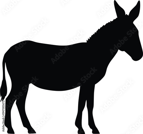 A sleek black silhouette of a donkey standing on a plain background.