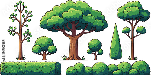 Cartoon garden trees and bushes collection, landscape plant elements set design, nature vector illustration isolated background pack