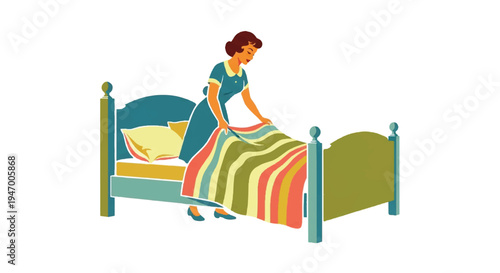 Woman making bed illustration green bed frame bedroom activity concept